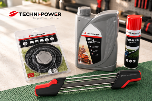 Produits d’entretien Techni-Power pour la motoculture : tête de débroussailleuse, huile 4 temps, anti-résine et affûteur de chaîne