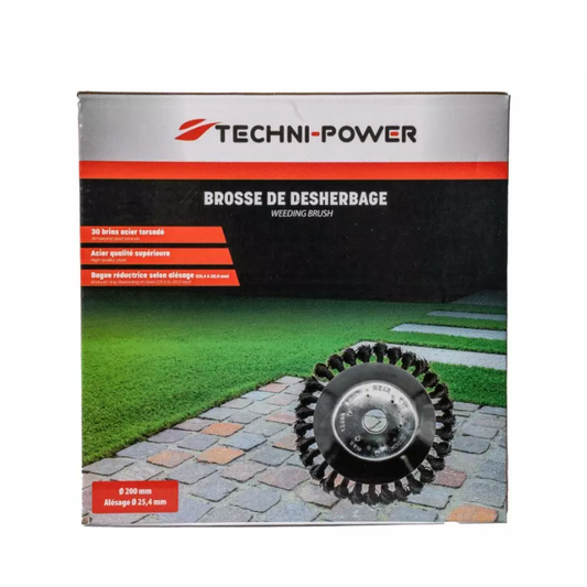Brosse de désherbage métallique brins acier 200 mm alésage 25,4 mm