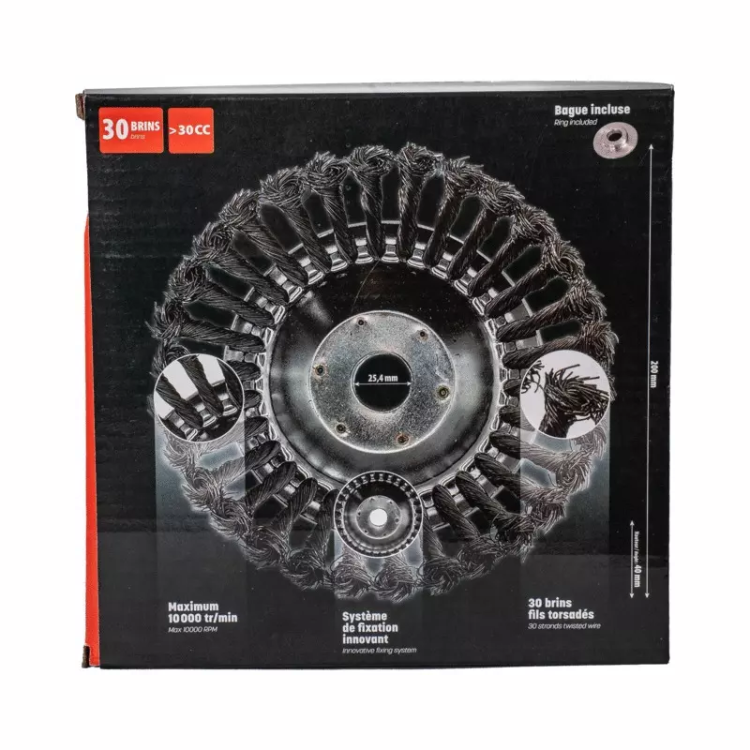 BROSSE DE DESHERBAGE METALLIQUE BRINS ACIER 200 MM ALESAGE 25,4 MM